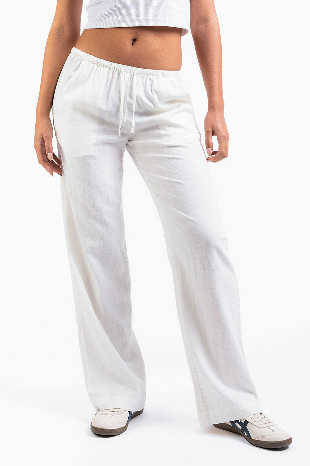 Mel 04Low Straight Linen Pants - White
